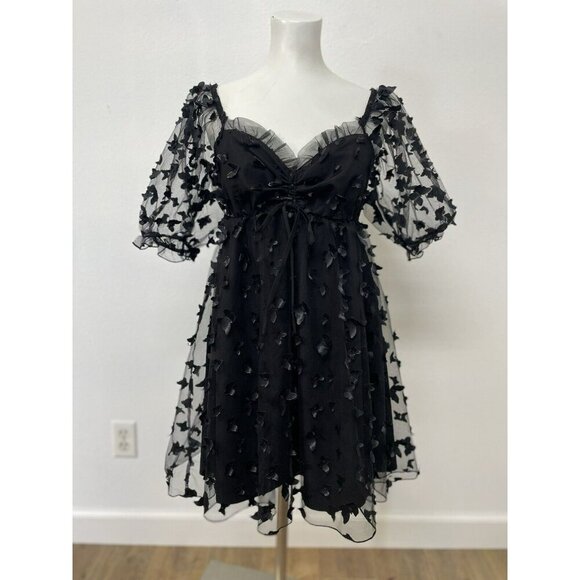Thirty Thirty LA Black 3D Butterfly Puff Sleeve Babydoll Dress Women Large Sheer - Picture 5 of 14